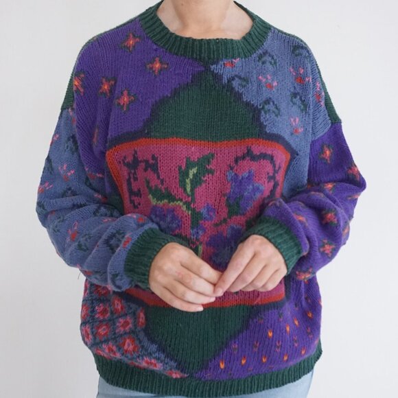 Vintage Woolrich Purple Green Floral Knit Cotton Blend Crewneck Sweater L - Picture 2 of 10